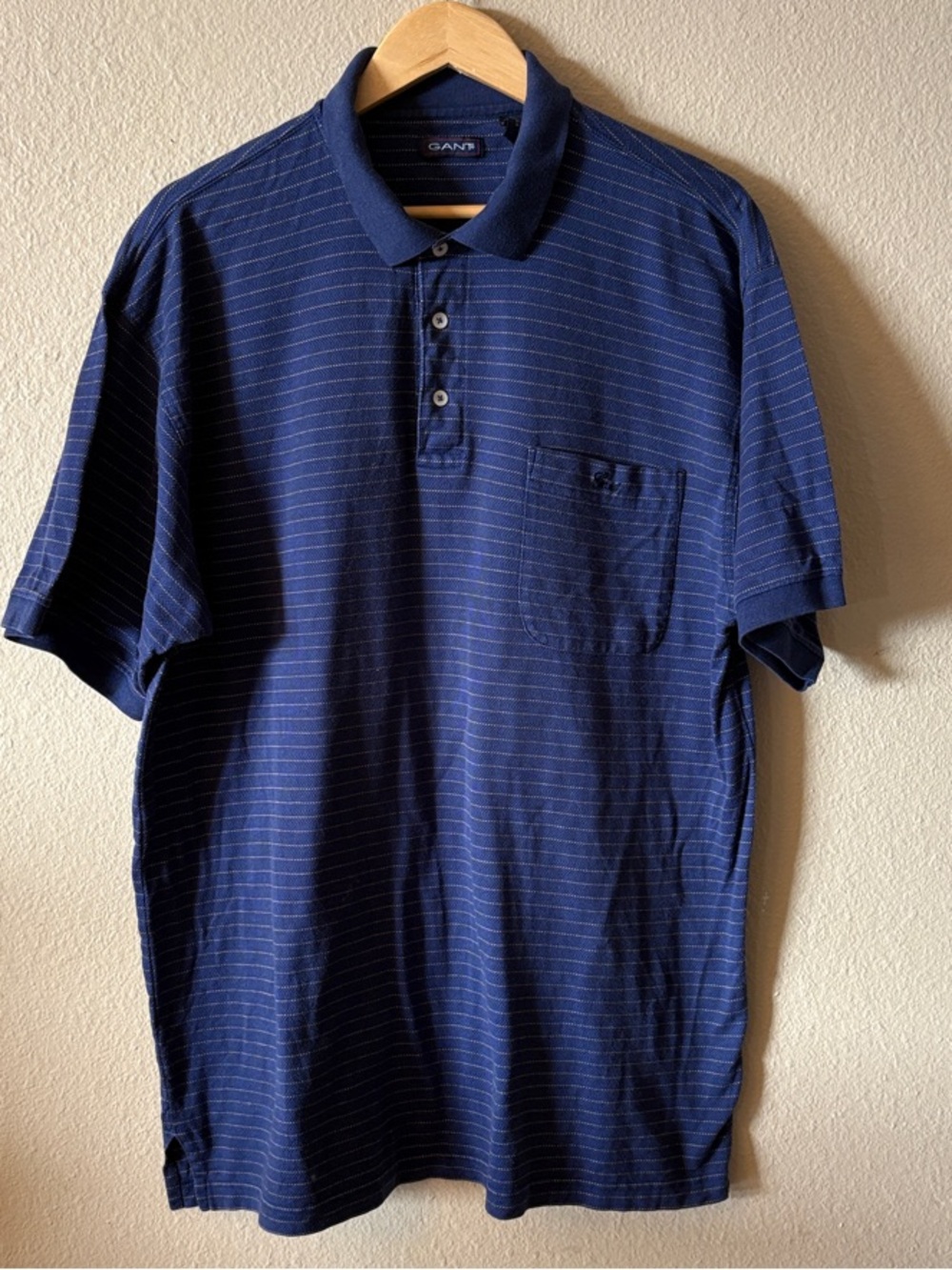 GANT Mens Polo Shirt XL Navy Blue Striped Cotton Long Length Pocket